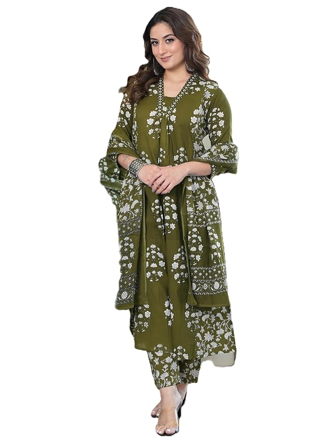 Women's Pure Cotton Block Printed Ethnic Wear Kurta Set with Palazzo Pants & Dupatta L