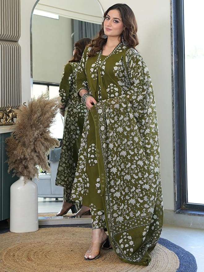Women's Pure Cotton Block Printed Ethnic Wear Kurta Set with Palazzo Pants & Dupatta XL