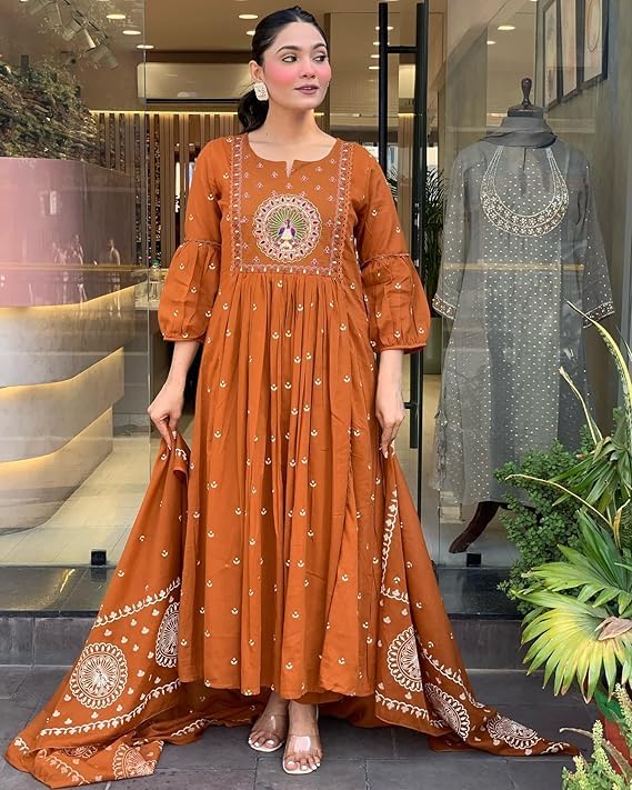 Women Printed Anarkali Kurta and Pant Set with Dupatta L