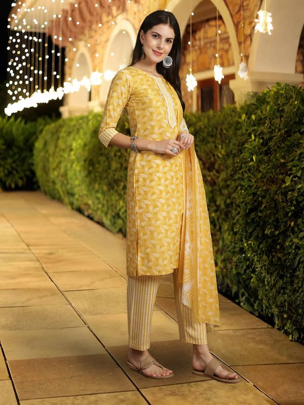 Women's Cotton Straight Printed Kurta Set with Dupatta l Women's Kurta Suit Set l Kurta with Pant Set L