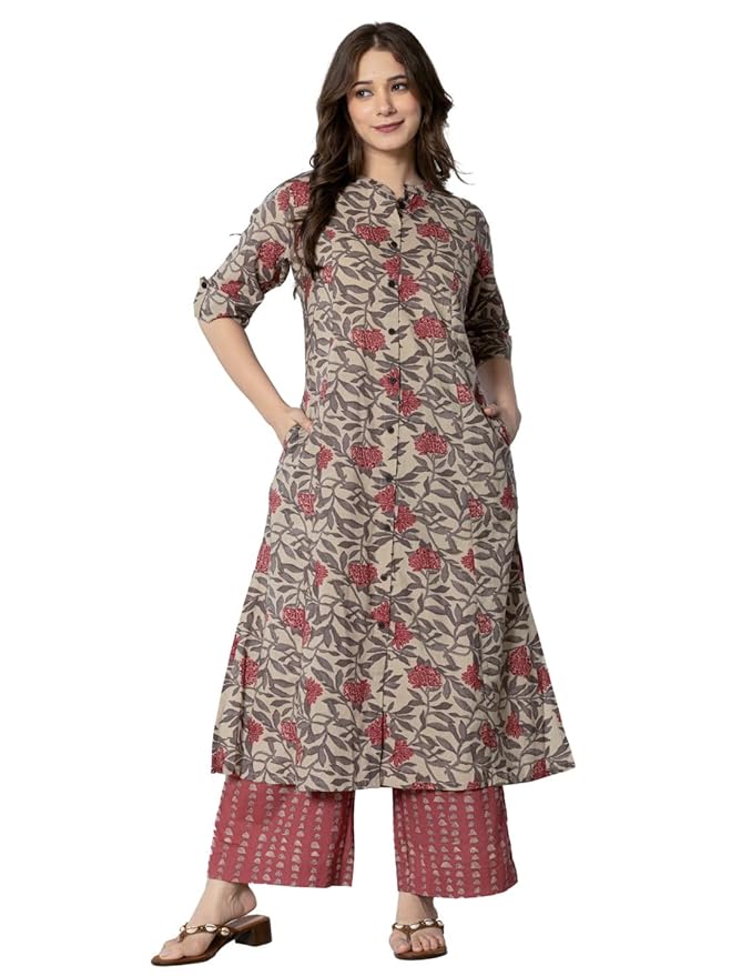 Women's Cotton Kurta with Palazzo Pant Set- Maroon